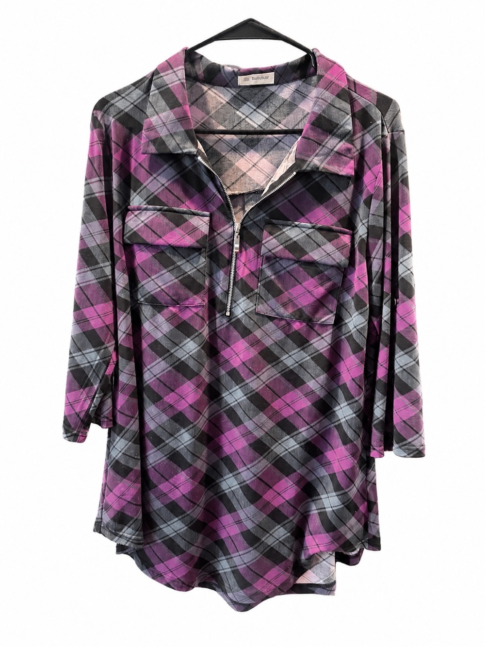 Bulotus Purple Plaid Half-Zip Tunic Top with Roll-Tab Sleeves